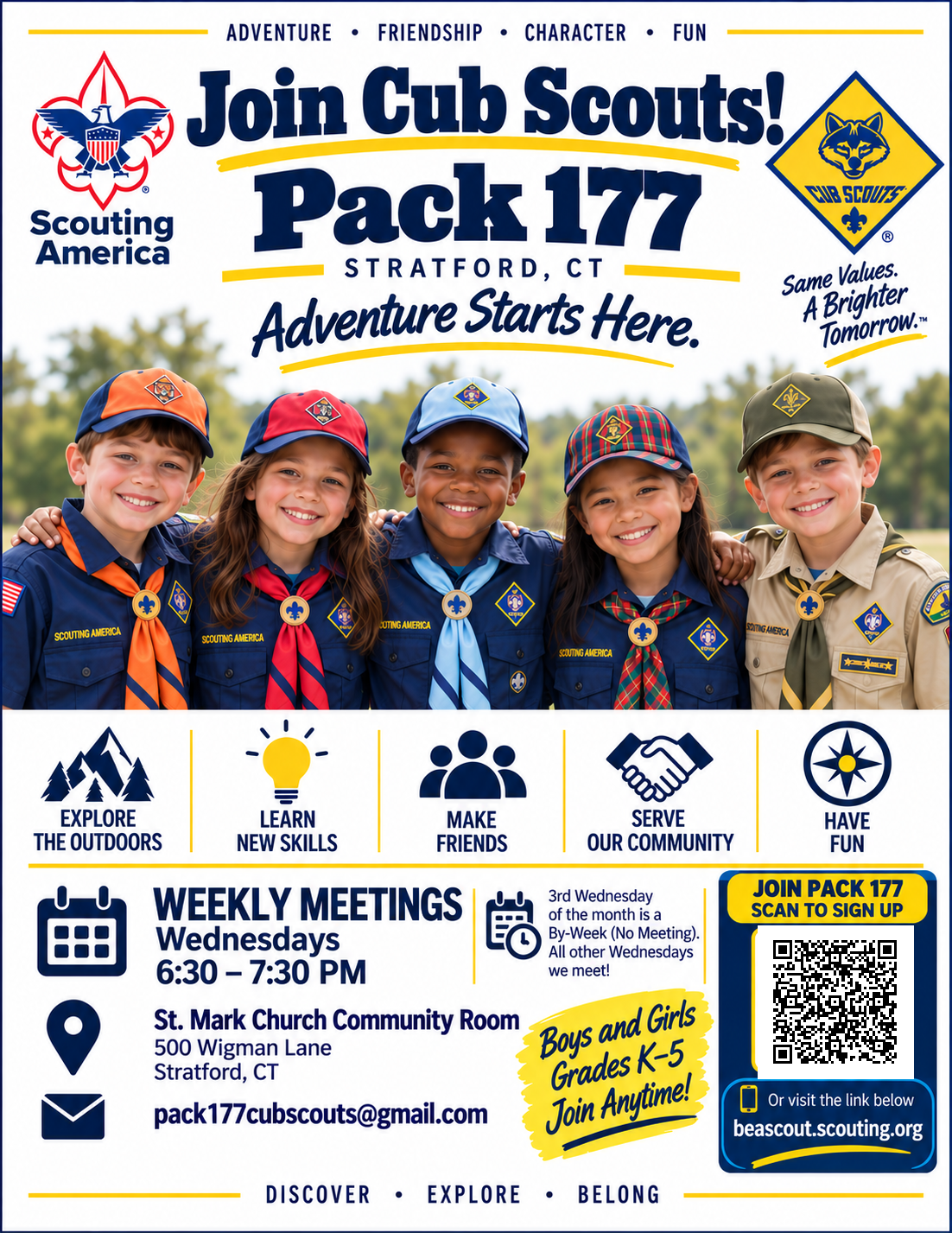 Pack 177 Join Cub Scouts recruitment flyer with meeting details and sign-up QR code